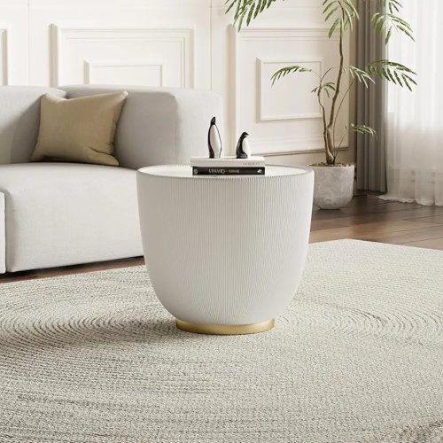 화이트 원형 커피테이블 Ø50cm (19.69") — 드럼형, 신터드 스톤 상판, PU 가죽 커버 바디, 메탈 베이스