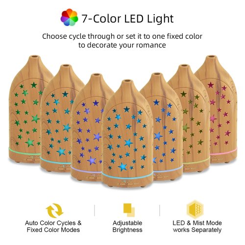 Difusor de óleos essenciais ultrassónico 7 LEDs com design em estrela, humidificador silencioso com desligamento automático para aromaterapia