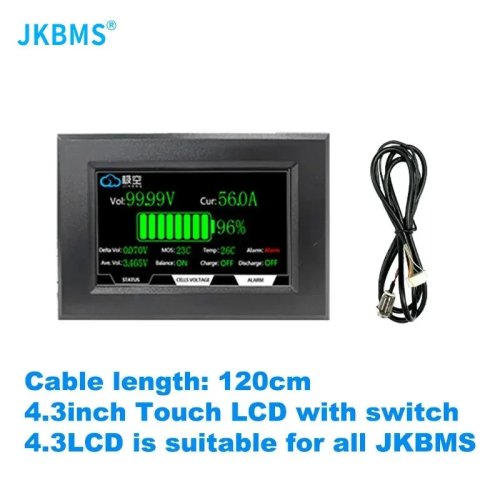 JKBMS 4.3" LCD display for JK BMS models — 120cm cable, 4 mounting screws, smart BMS accessory