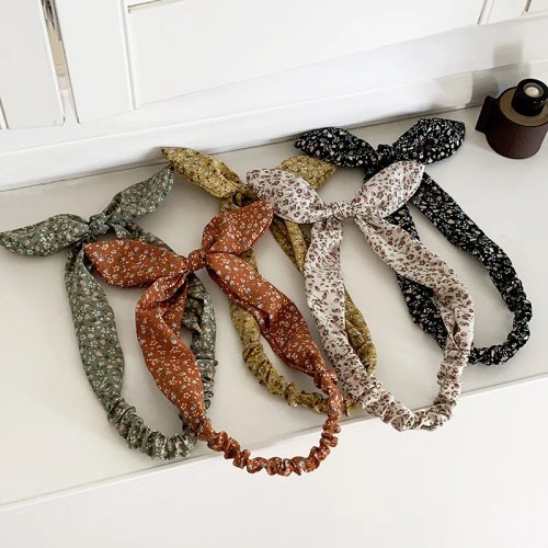 Bando elastis motif daisy dengan telinga kelinci — pita rambut berikat untuk wanita, aksesoris musim semi/panas