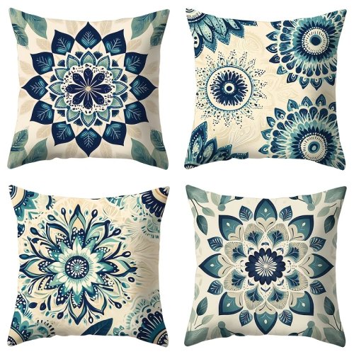 4er-Set Boho-Kissenhüllen mit blauem Mandala-Motiv – passend für 40×40, 45×45, 50×50 cm Kissen