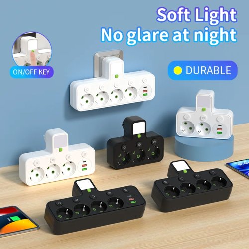 ปลั๊กติดผนัง 4 ช่อง AC, 2 พอร์ต USB และ 1 พอร์ต USB‑C, ปลั๊ก EU, มีสวิตช์และไฟกลางคืน