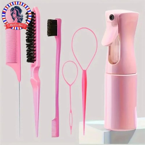 헤어 스타일링 6종 세트: 분무기, 땋기용 루프, 꼬리빗(레이트테일), 텍스처/티징 브러시, 모발 라인 정리 브러시
