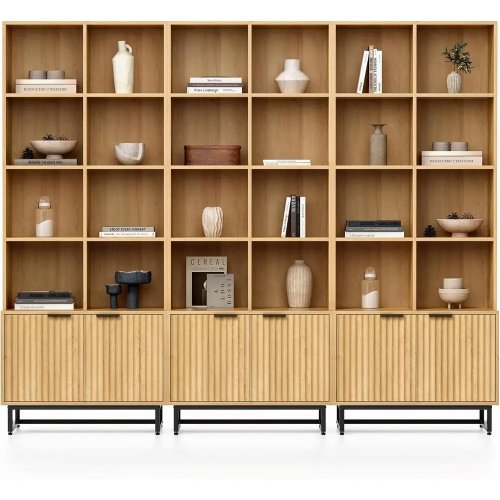 Bộ 3 kệ sách cao 180 cm — 4 kệ điều chỉnh được, ngăn lưu trữ, màu sồi tự nhiên