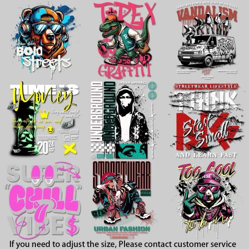 Street-style iron-on patches - bold heat-transfer designs for T-shirts, hoodies & accessories, easy to apply