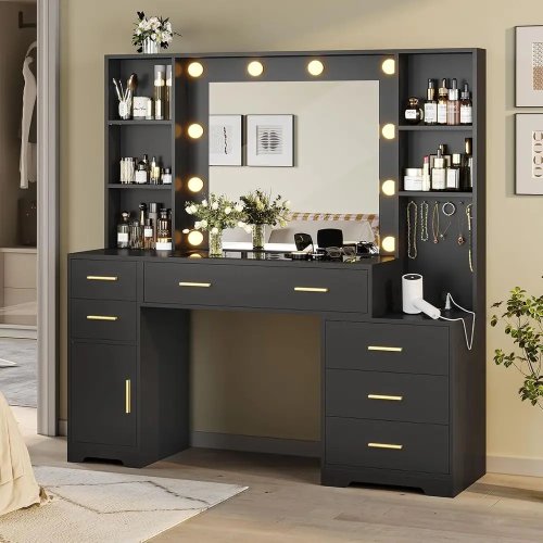 48.8" (124 cm) Large Vanity/Dressing Table with Lighted Mirror, Power Outlet, 6 Drawers, 4 Shelves, Storage Cabinet and Glass Top Makeup Table