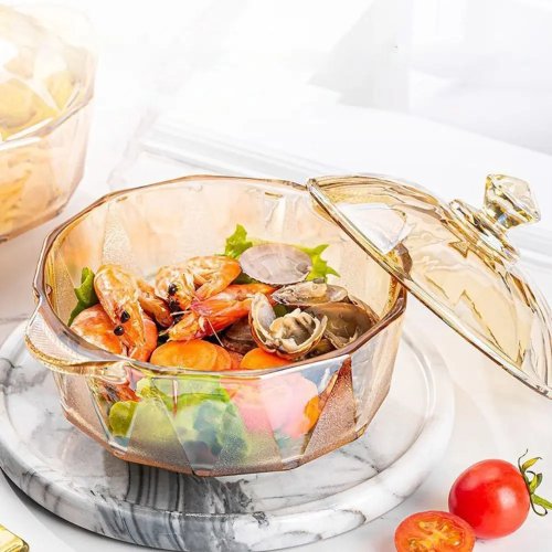 Amberfarbenes, hitzebeständiges Glasschüssel mit Deckel und zwei Griffen – Diamantmuster, ideal für Nudeln, Suppe oder Salat
