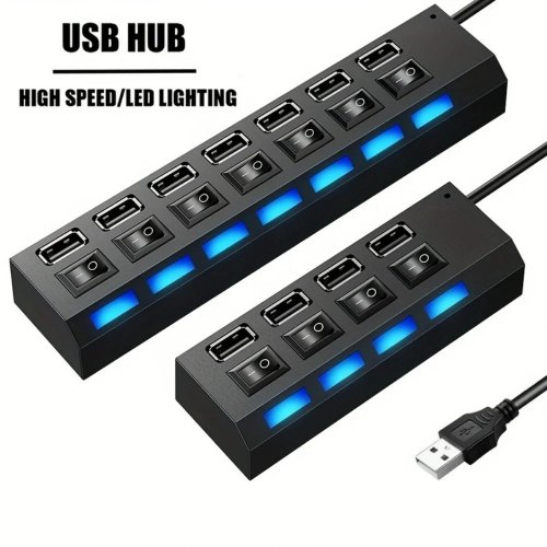 Hub USB 2.0 4/7 porty — Wysoka prędkość 5Gbps, z zasilaczem, wskaźnikiem LED i wyłącznikiem do laptopa/komputera