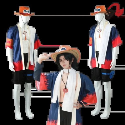 Косплей-костюм Portgas D. Ace для дорослих — кімоно/плащ, шорти та капелюх (One Piece)