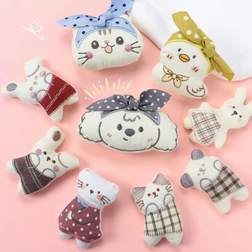 Cute hand-embroidered cotton-filled cartoon fabric charms — soft dolls/appliqués for DIY hair, clothing & bag accessories