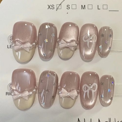 10 Pcs Kuku Palsu Press-On Cat Eye - Oval Pendek ala French, buatan tangan, motif pita & bintang