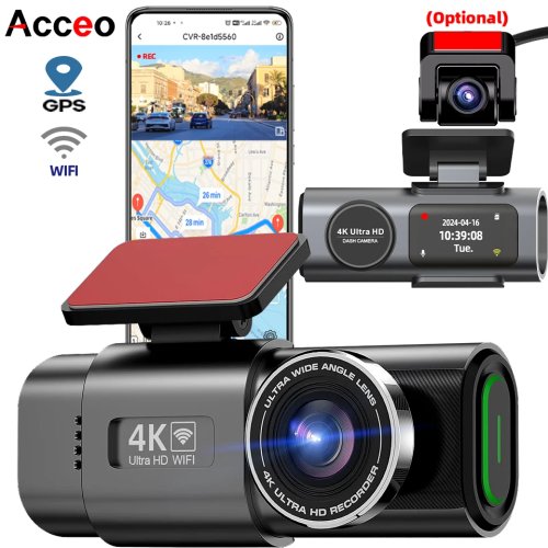Відеореєстратор (dashcam) 4K UHD для авто — нічна зйомка, вбудований Wi‑Fi, GPS, режим парковки 24 год