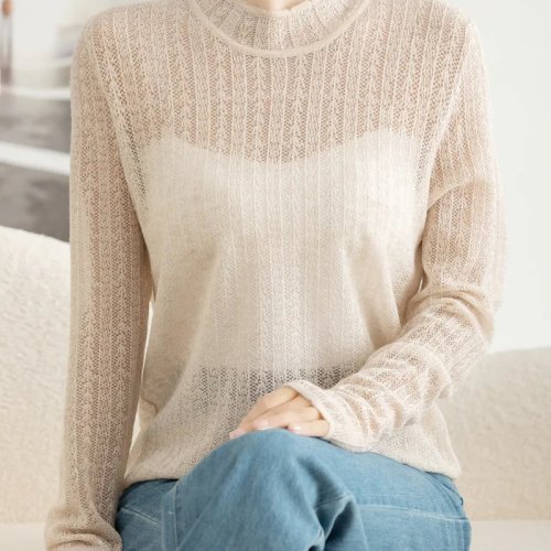 여성 울 혼방 오간자 니트 스웨터, 반하이넥, 아쥬어(시스루) 니트, 긴소매, 캐주얼