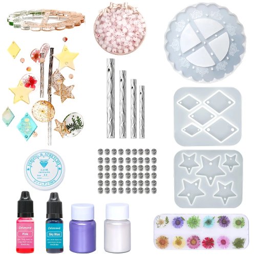 Kit de moldes de silicón DIY para móvil/campana de viento – colgantes en forma de estrella y diamante con cuentas de colores para resina