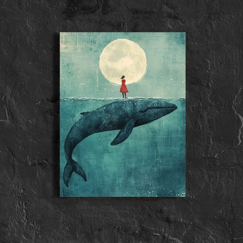 Framed canvas print — Moonlight whale & red fairy, marine fantasy wall art