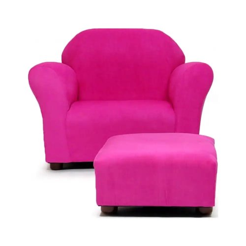 Poltroncina bimbi Roundy in microsuede rosa fucsia con pouf abbinato