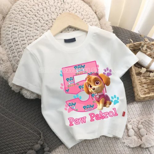 Playera blanca Paw Patrol para niña (Skye), cuello redondo, suave y transpirable, estampado números 1-9 — regalo de cumple