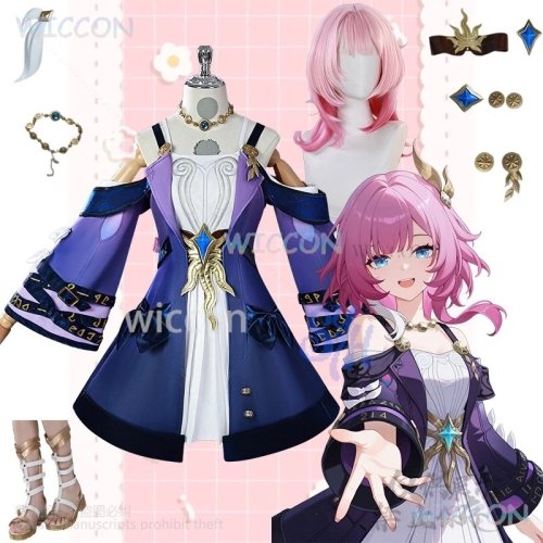 Honkai Star Rail Cyrene 코스프레 의상 — 딥 퍼플 미니드레스 + 핑크 가발, 카와이 일본풍 여성용, 할로윈·파티용