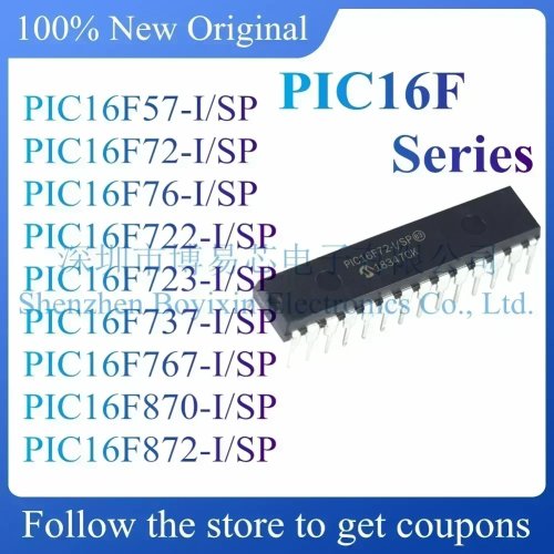 PIC16F57/72/76/722/723/737/767/870/872-I/SP PIC microcontroller ICs — PDIP industrial grade, packaged in hard plastic tube