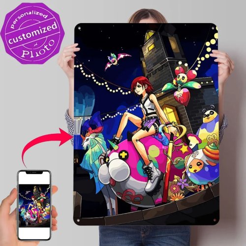Lámina metálica 3D personalizada — Kairi montando un Dream Eater en festival nocturno — Cartel de lata vintage para decoración