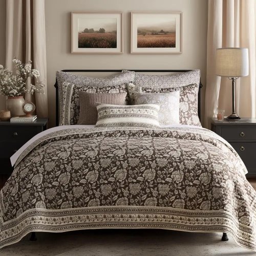 Set Trapunta Reversibile Adare King/Cal King 270×234 cm (106×92 in) con 2 Federe 91×51 cm (36×20 in) – Fantasia Floreale Marrone/Crema, Cotone