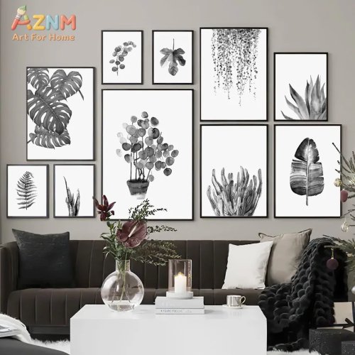 Quadro em tela minimalista preto e branco com folha — poster nórdico para sala de estar