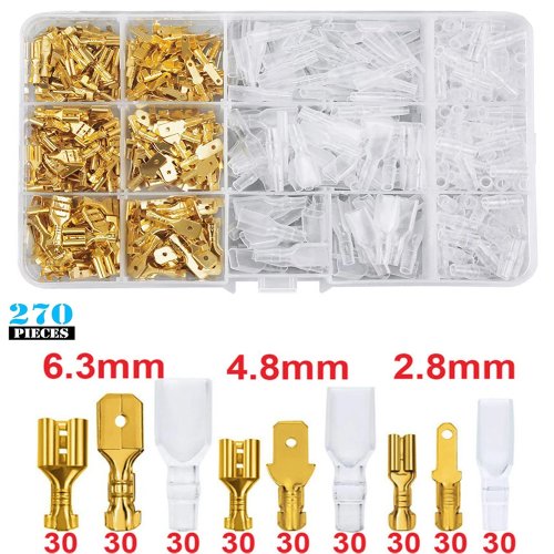 270PCS Insulated Crimp Terminal Kit — Male & Female Spade (2.8/4.8/6.3mm) Assorted Connectors with Storage Box
