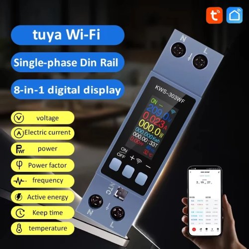 KWS-303WF Tuya WiFi 스마트 전력계 8-in-1, 전압·전류 측정 85–290V 40A, 앱 제어
