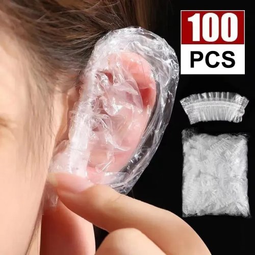 100 قطعة واقٍ للأذن للاستعمال مرة واحدة شفاف مقاوم للماء ومرن لحماية الأذن عند صبغ الشعر أو الاستحمام