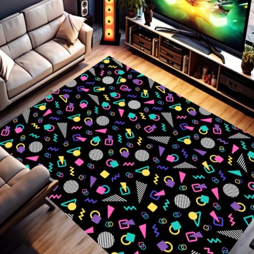 Karpet Area Retro Arcade 80an–90an, Desain Neon 'Bowling Alley', Karpet Indoor/Outdoor untuk Man Cave & Dekorasi Rumah