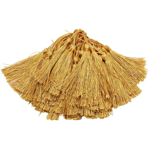 100 unidades Borlas douradas sedosas feitas à mão, 5 in (12,7 cm), borlas de fio macio com pequeno nó chinês e cordão para marcadores