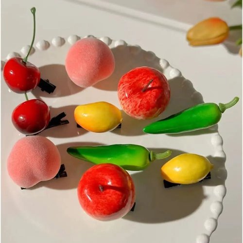 Pinzas para el cabello con forma de fruta (cereza, limón, durazno) — divertidas pinzas tipo pico de pato para niños