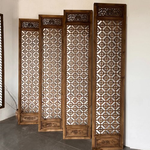 Biombo antigo em madeira entalhada Dongyang — ecrã vazado para sala de chá, portas/janelas retro, personalizado