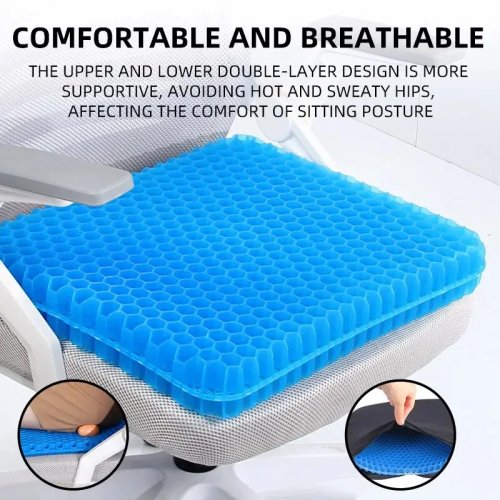 Almofada de assento em gel respirável com padrão colmeia, refrescante, alívio para dor no cóccix/costas — para escritório, cadeira de rodas, carro, casa
