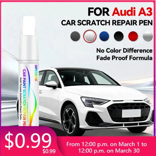 قلم تصحيح طلاء لإصلاح الخدوش لسيارة Audi A3 (1996–2025) – تصليح ذاتي DIY، ألوان: أسود، أبيض، بني، رمادي، أحمر، أزرق؛ مناسب لرموز 8L/8P/8V/8Y