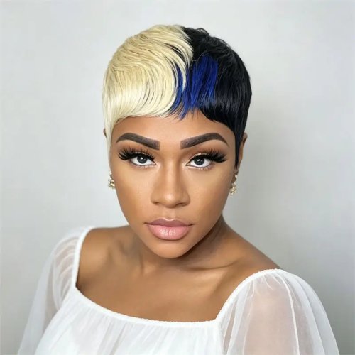 Tóc giả ngắn kiểu pixie từ tóc thật, may máy — đen kèm highlight vàng và xanh dương, có mái, mềm mượt, dùng hàng ngày và dự tiệc