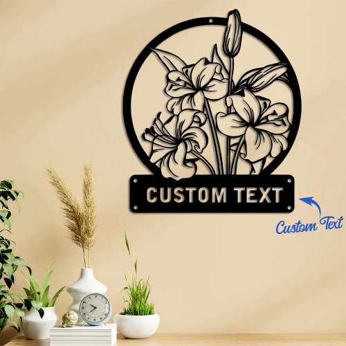 Estátua metálica personalizada de lírio em estilo cartoon com detalhes em madeira — Decoração de jardim/pátio cottagecore