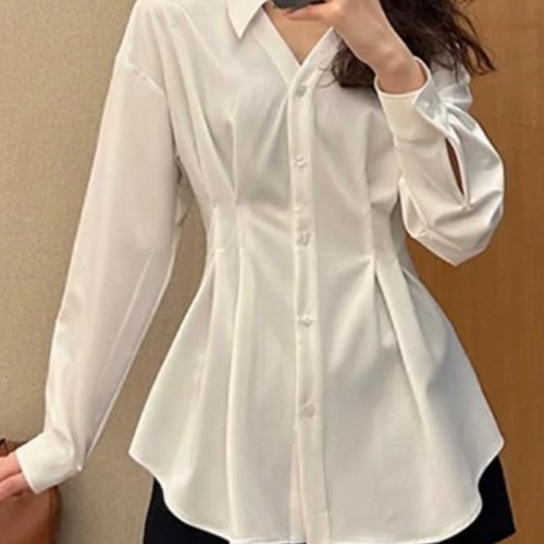Camisa branca de primavera manga comprida com corte na cintura – style vintage chic, slim, camisa premium feminina com gola, tecido fino