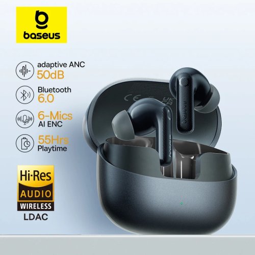 Baseus EP10 Pro TWS 무선 이어버드 — 최대 50dB 적응형 ANC, 블루투스 6.0, 6마이크, LDAC Hi‑Res, IP55 방수