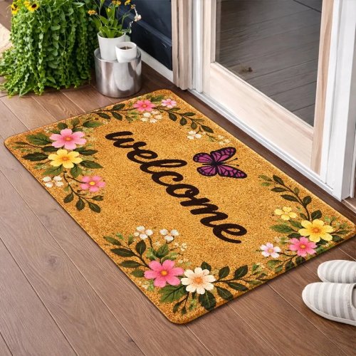 玄関マット「Welcome」蝶と花柄、柔らかいポリエステルフランネル、洗濯機で洗える、屋内・玄関・バス・キッチン・ポーチ用、滑り止め