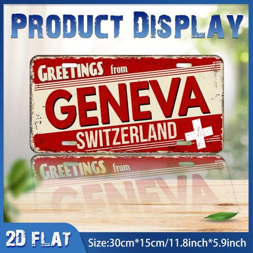 ป้ายโลหะวินเทจอะลูมิเนียม 'Greetings from Geneva, Switzerland' - พิมพ์ UV ขนาด 30 x 15 ซม. สีแดงและขาว (ธงสวิตเซอร์แลนด์)