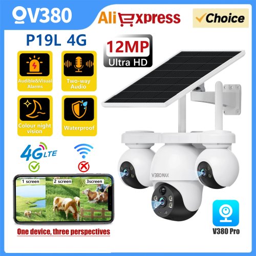 Kamera monitoringowa 12MP V380 PRO 4G zasilana energią słoneczną, widok 360°, kolorowe widzenie nocne, bez Wi‑Fi, zdalny podgląd
