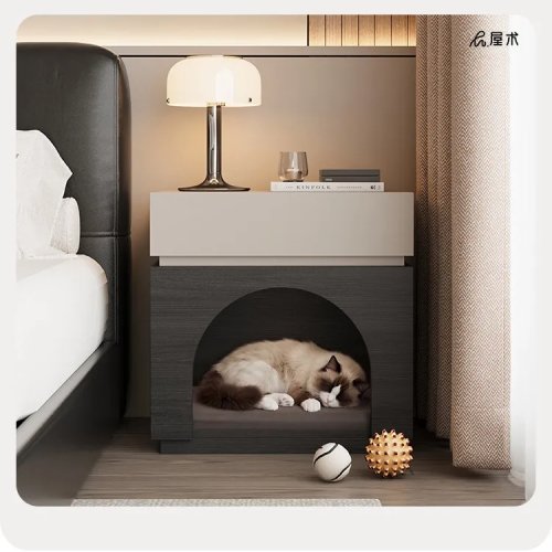 Mesa de cabeceira HYS para gato — Estilo minimalista italiano, móvel multifunções com casinha para quarto
