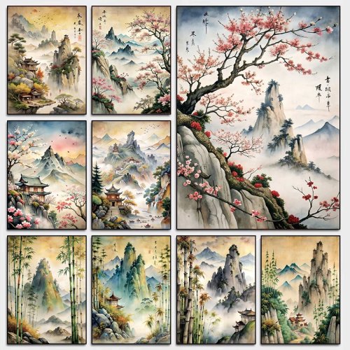 Tranh canvas mực cổ điển Trung Quốc – phong cảnh sông núi có cây cổ thụ, tranh treo tường trang trí nhà/studio