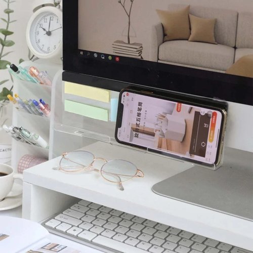 Tablero de mensajes y organizador bajo monitor – Soporte para celular/cargador y porta-notas adhesivas