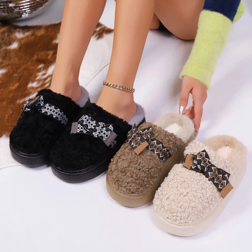 Zapatillas de casa para mujer con lazo, forro de pelo, antideslizantes y suela blanda