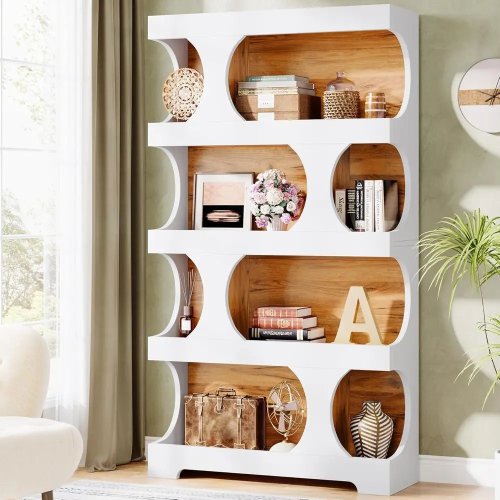 Bibliothèque en bois 4 niveaux en S, blanc et marron — Grande étagère de rangement pour maison, bureau, séjour