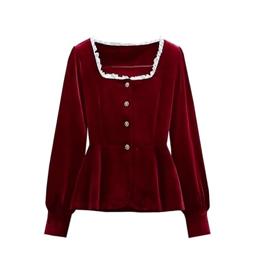 Top em veludo para mulher Cara CLUB tamanho plus — Decote quadrado, cintura modeladora, efeito adelgaçante, estilo francês, corte largo para outono