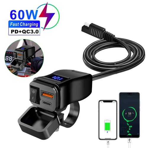 Motorrad USB-Schnellladegerät PD/QC3.0 60W – Dual-USB für Lenker mit Schalter und Voltmeter, wasserdicht, 12V