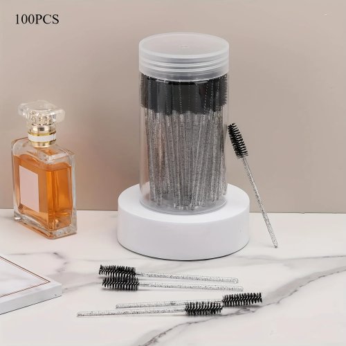 Lot de 100 brosses mascara jetables (spoolies) pour sourcils et extensions de cils - noires avec boîte